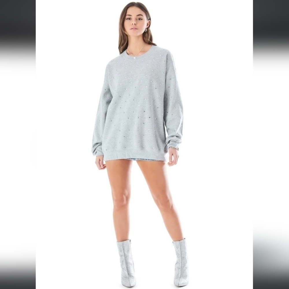 CAMAR OVERSIZED RHINESTONE CREW NECK SWEATSHIRT TUNIC DRESS IN GREY SIZE S